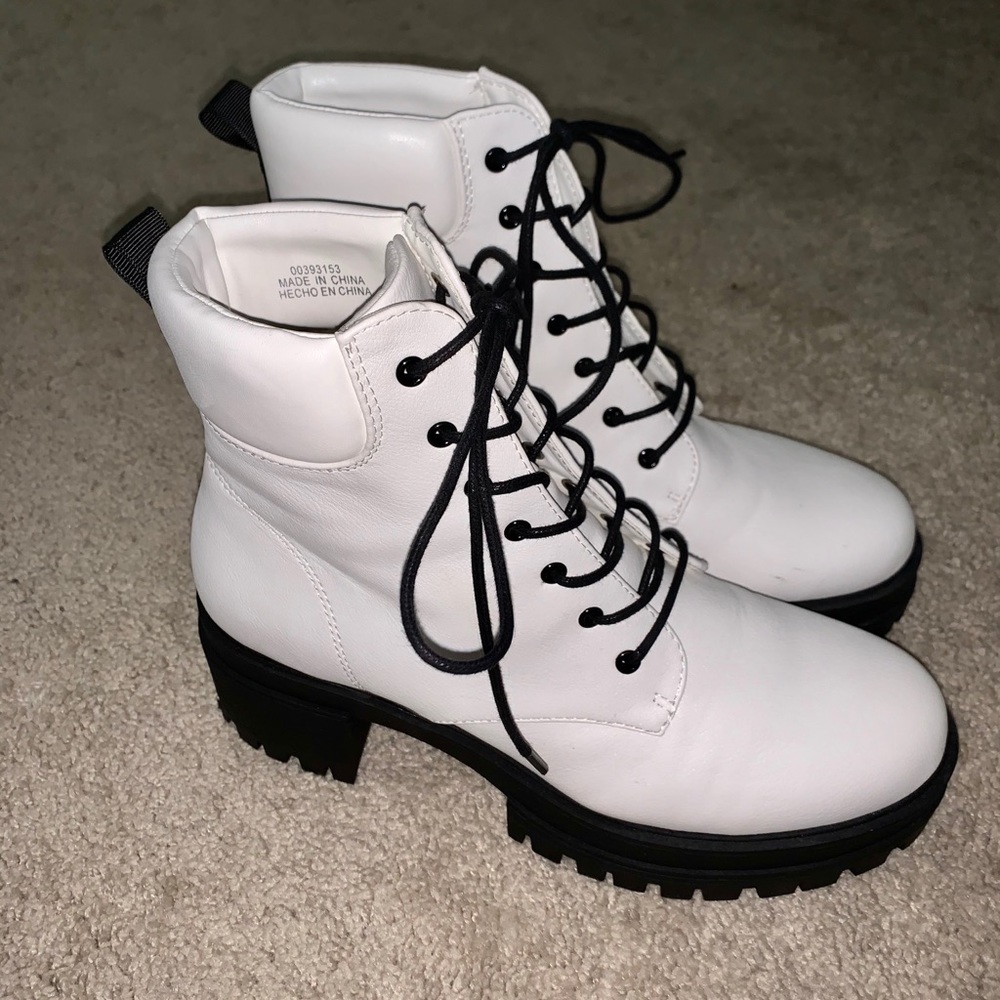 White Faux Leather Combat Boots